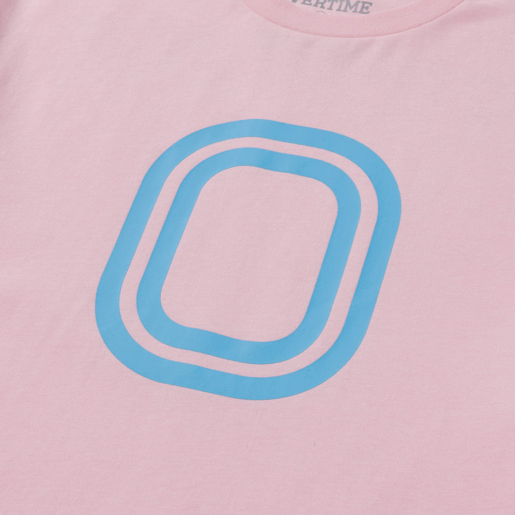 Pink t-shirt with close-up of blue "O" logo