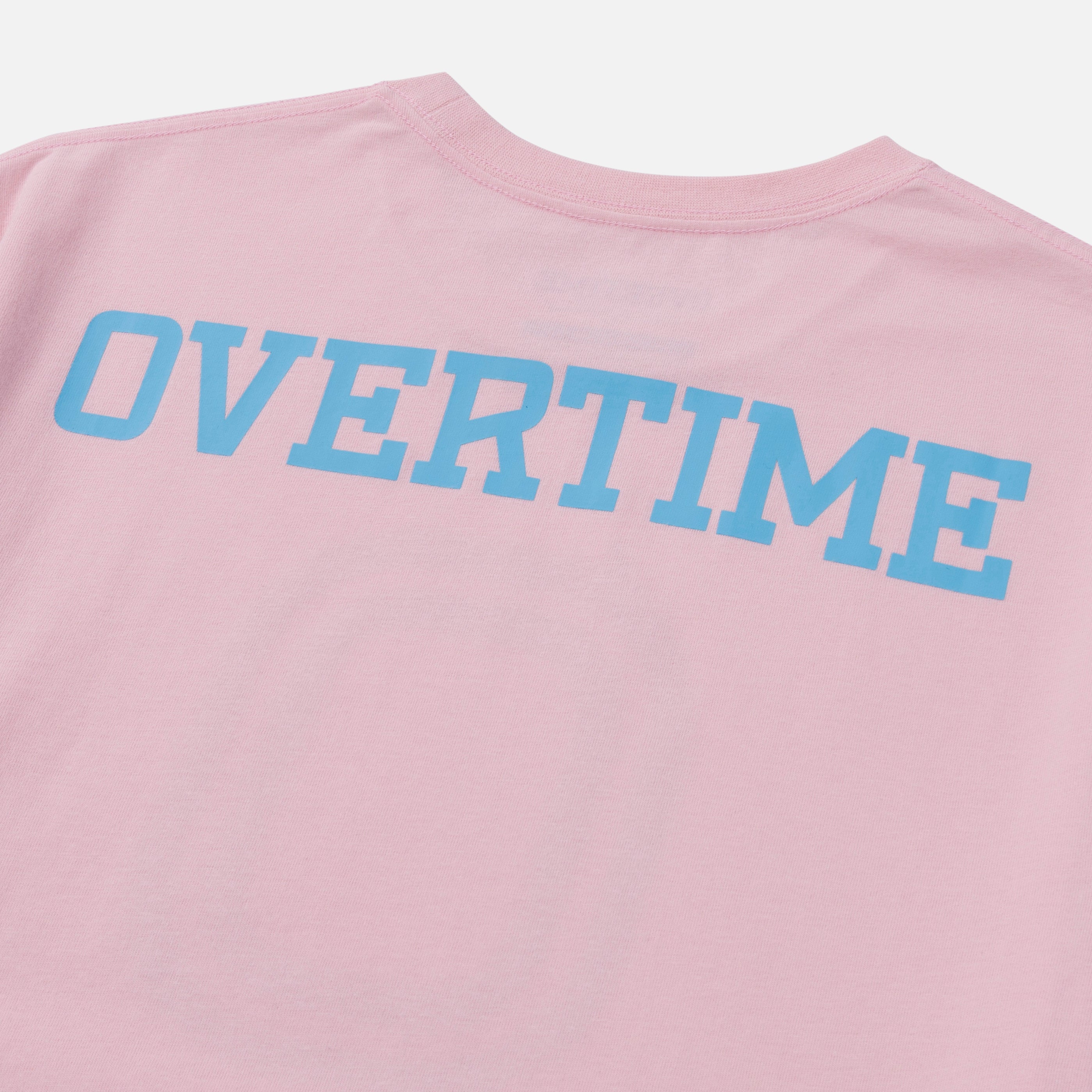 Pink t-shirt with close-up of blue "OVERTIME" logo on the back