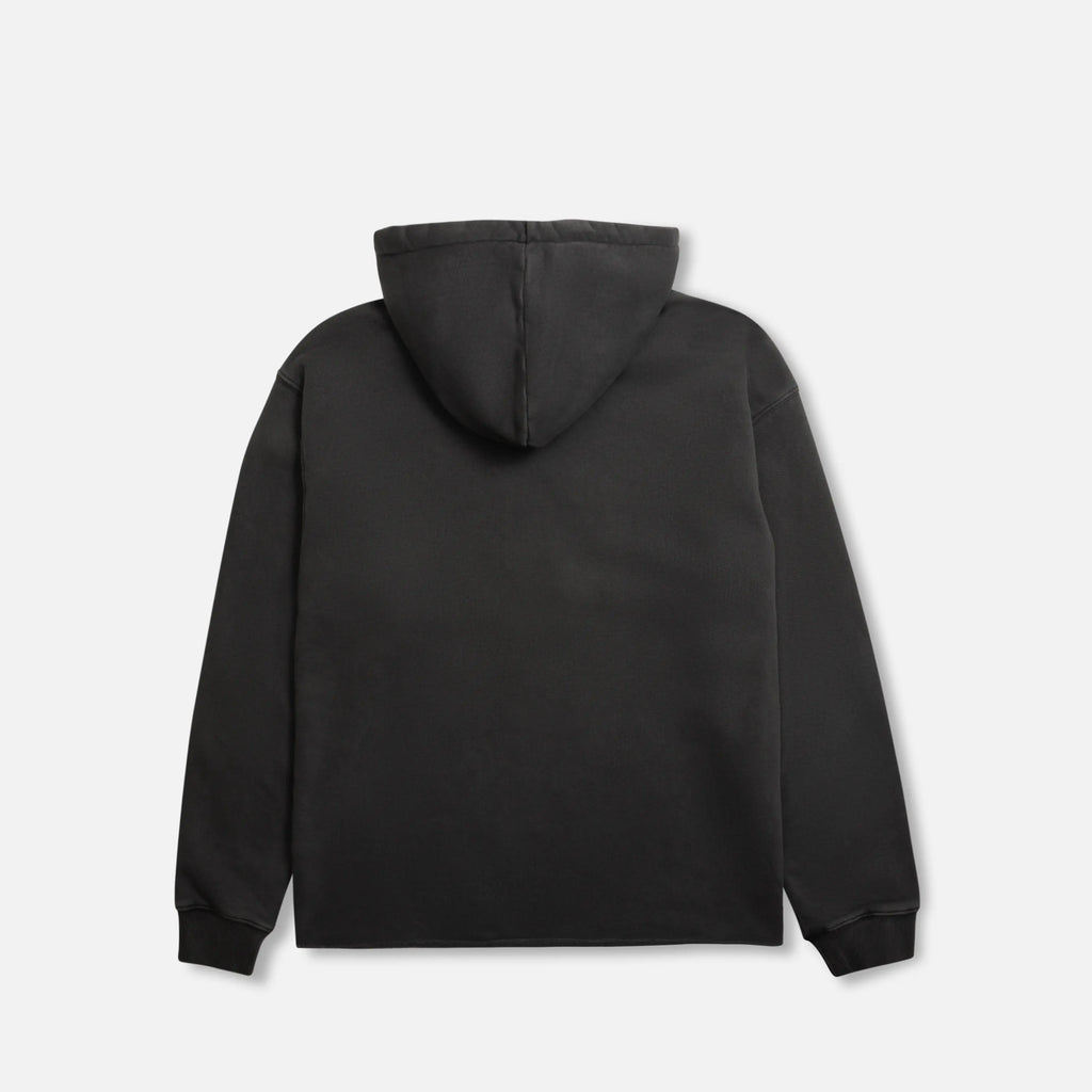 Back of black hoodie with raw edge hem