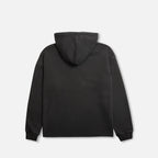 Back of black hoodie with raw edge hem