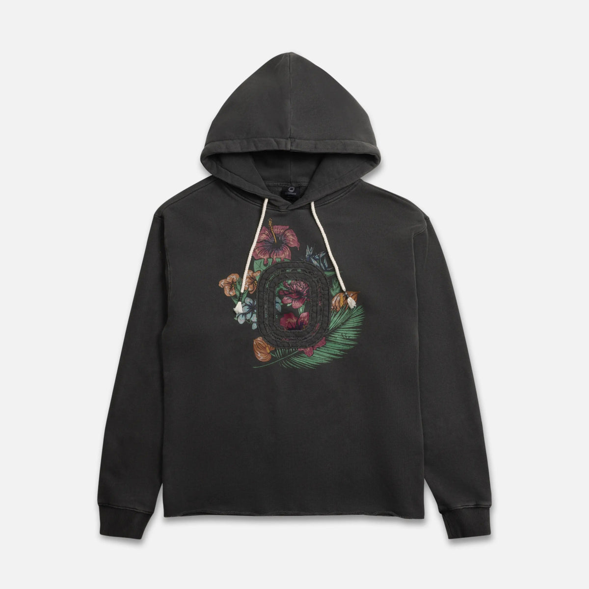 Black hoodie with a colorful graphic design and raw edge