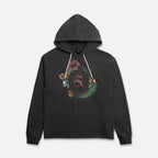 Black hoodie with a colorful floral design , distressed 'O' logo, and raw edge hem