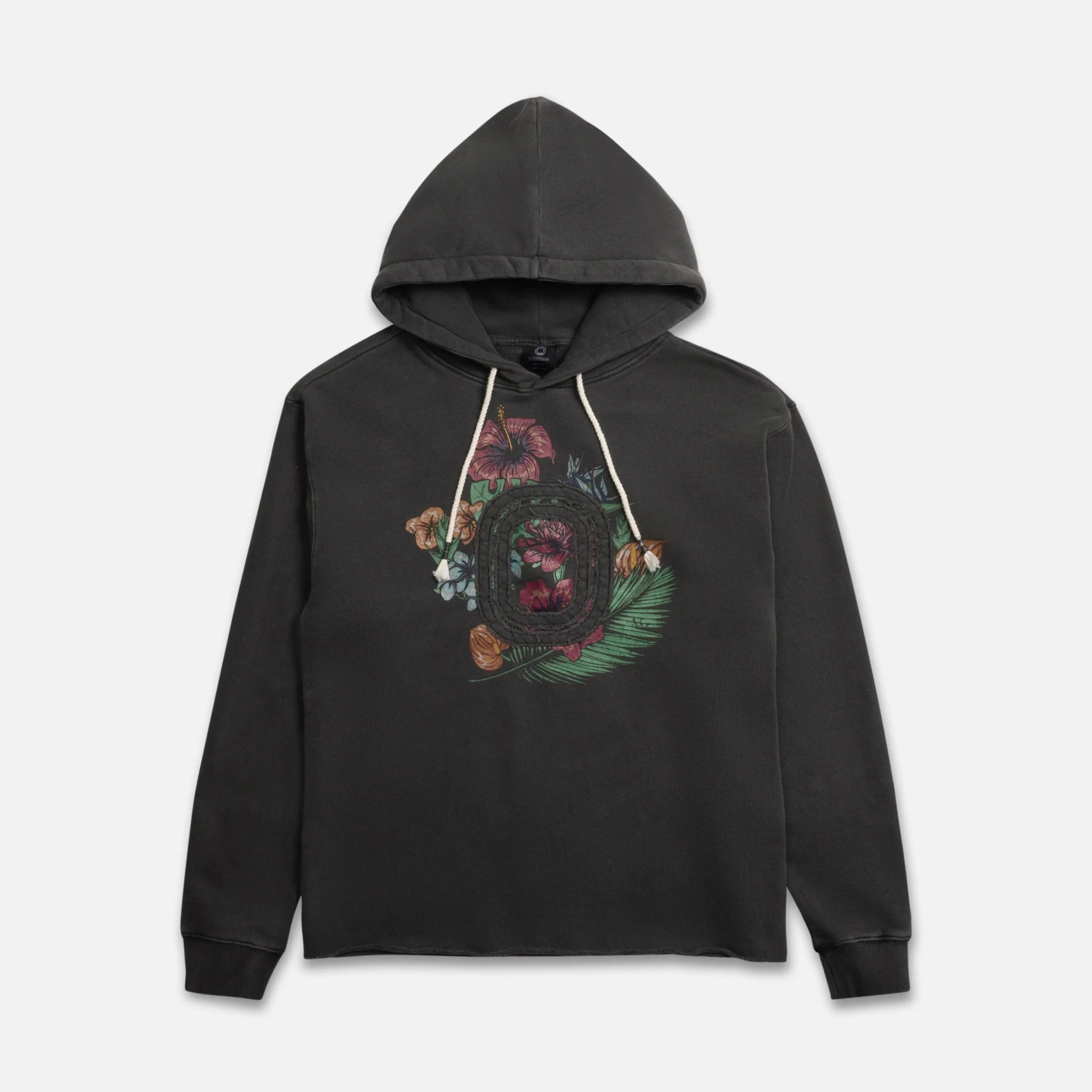 Black hoodie with a colorful graphic design and raw edge