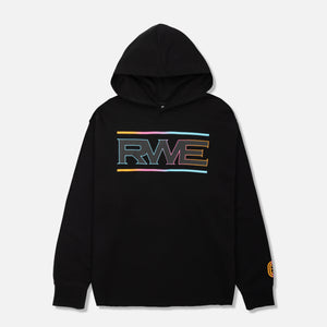 A black hoodie with 'RWE' text in bold letters on the front, featuring a raw edge design with a multicolor stripe pattern.