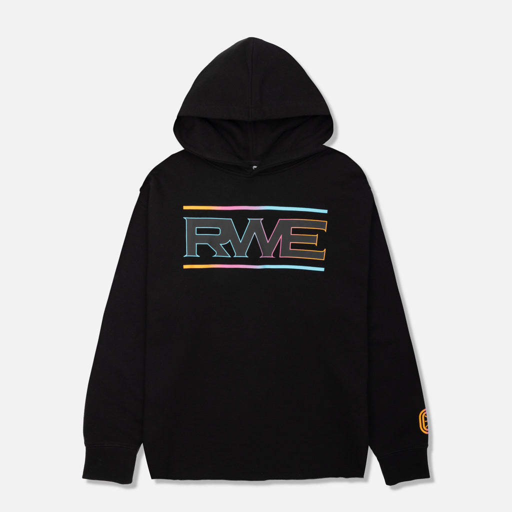 A black hoodie with 'RWE' text in bold letters on the front, featuring a raw edge design with a multicolor stripe pattern.