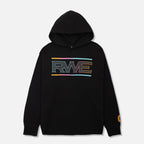 A black hoodie with 'RWE' text in bold letters on the front, featuring a raw edge design with a multicolor stripe pattern.
