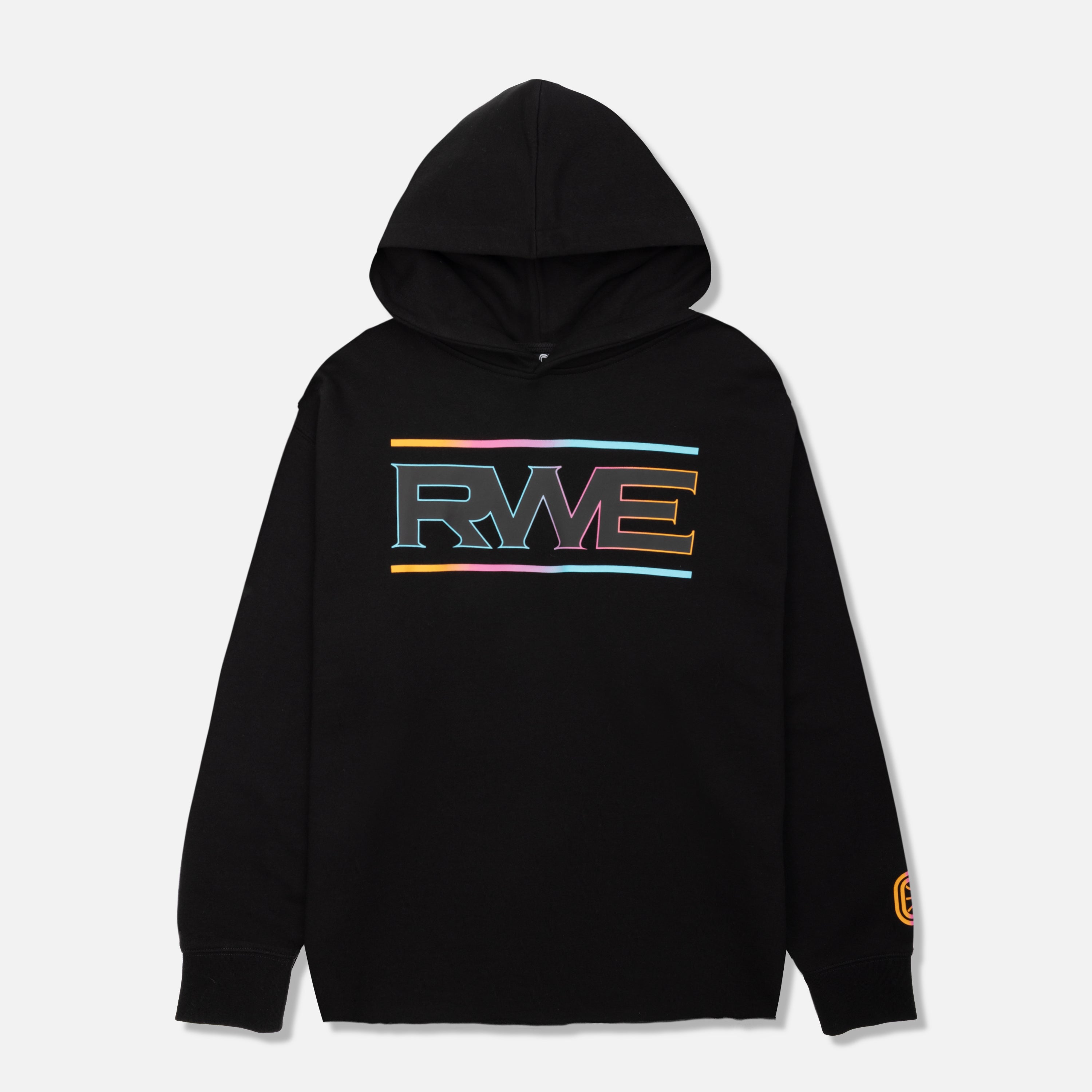 A black hoodie with 'RWE' text in bold letters on the front, featuring a raw edge design with a multicolor stripe pattern.