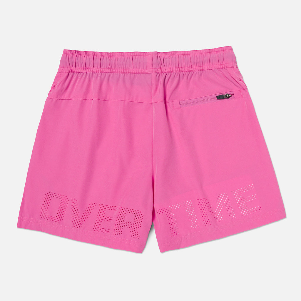 Pink shorts with 'OVERTIME' text DETAIL ABOVE HEM