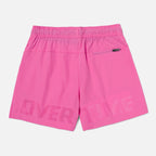 Pink shorts with 'OVERTIME' text DETAIL ABOVE HEM