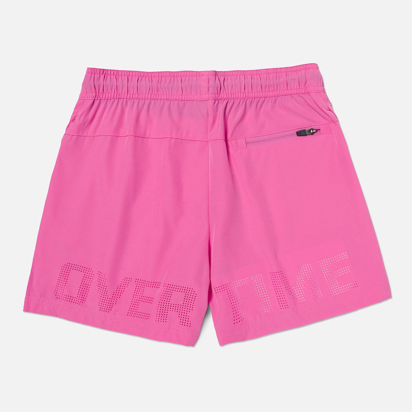 Pink shorts with 'OVERTIME' text DETAIL ABOVE HEM