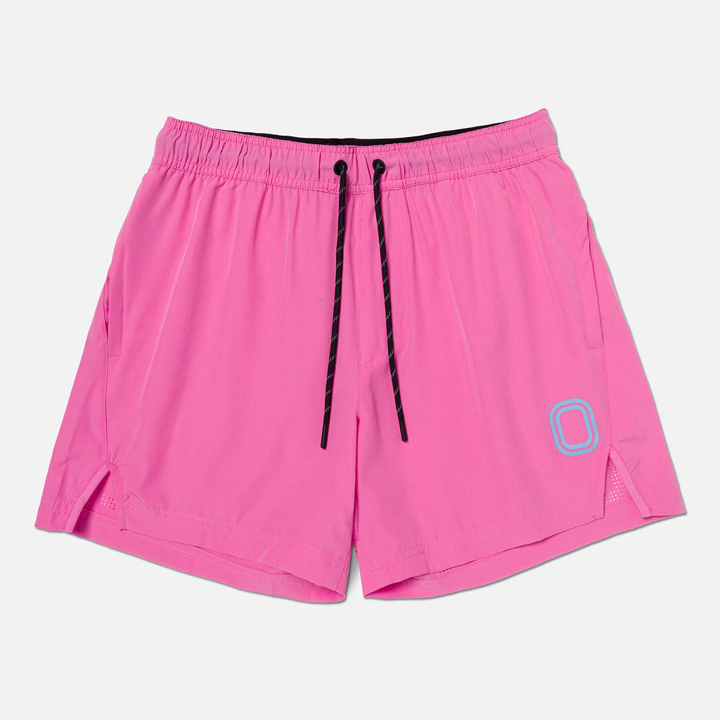 Pink Shorts with black drawstrings and Grey overtime O