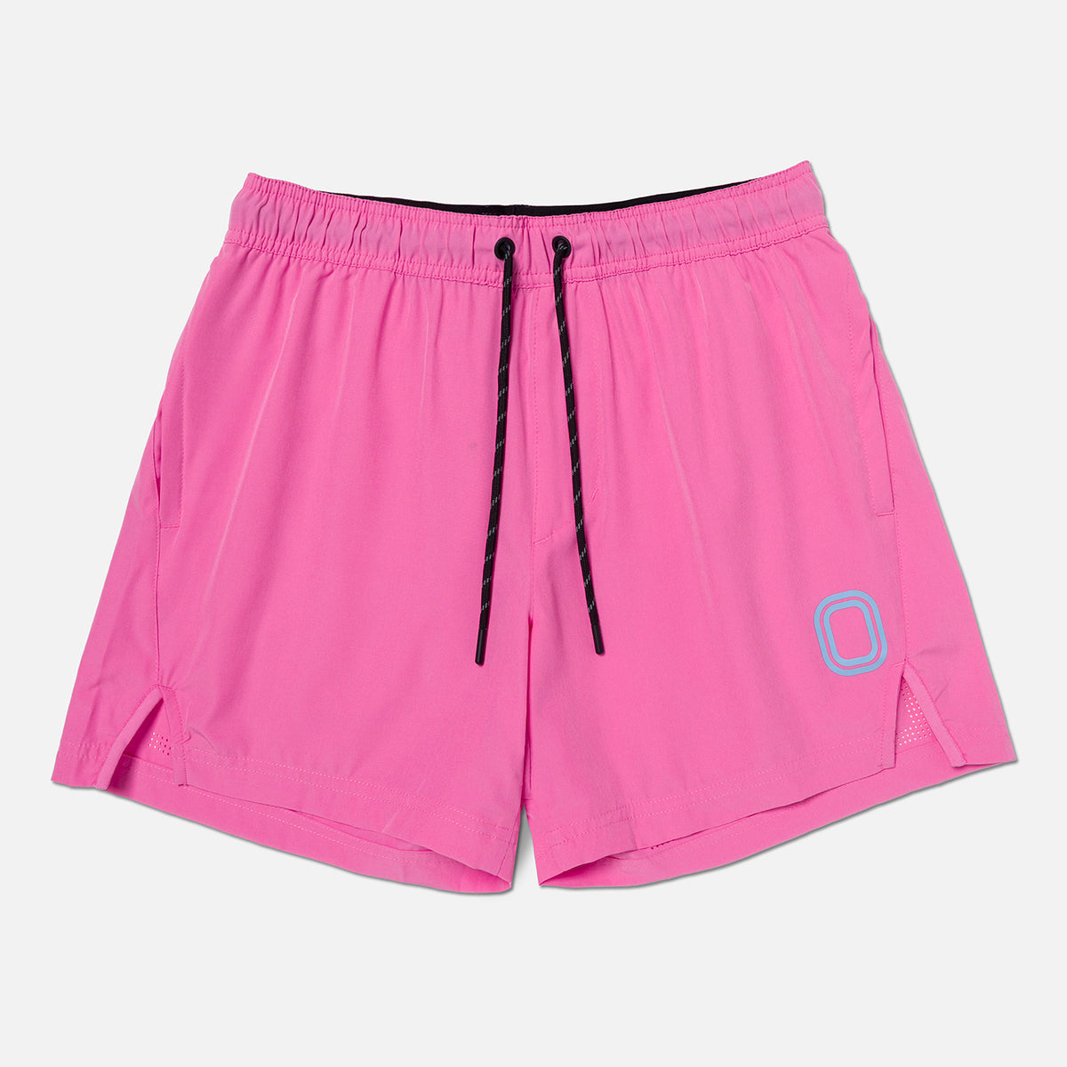 Pink Shorts with black drawstrings and Grey overtime O