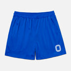 Blue shorts with a white O Oovertime logo on a light gray background