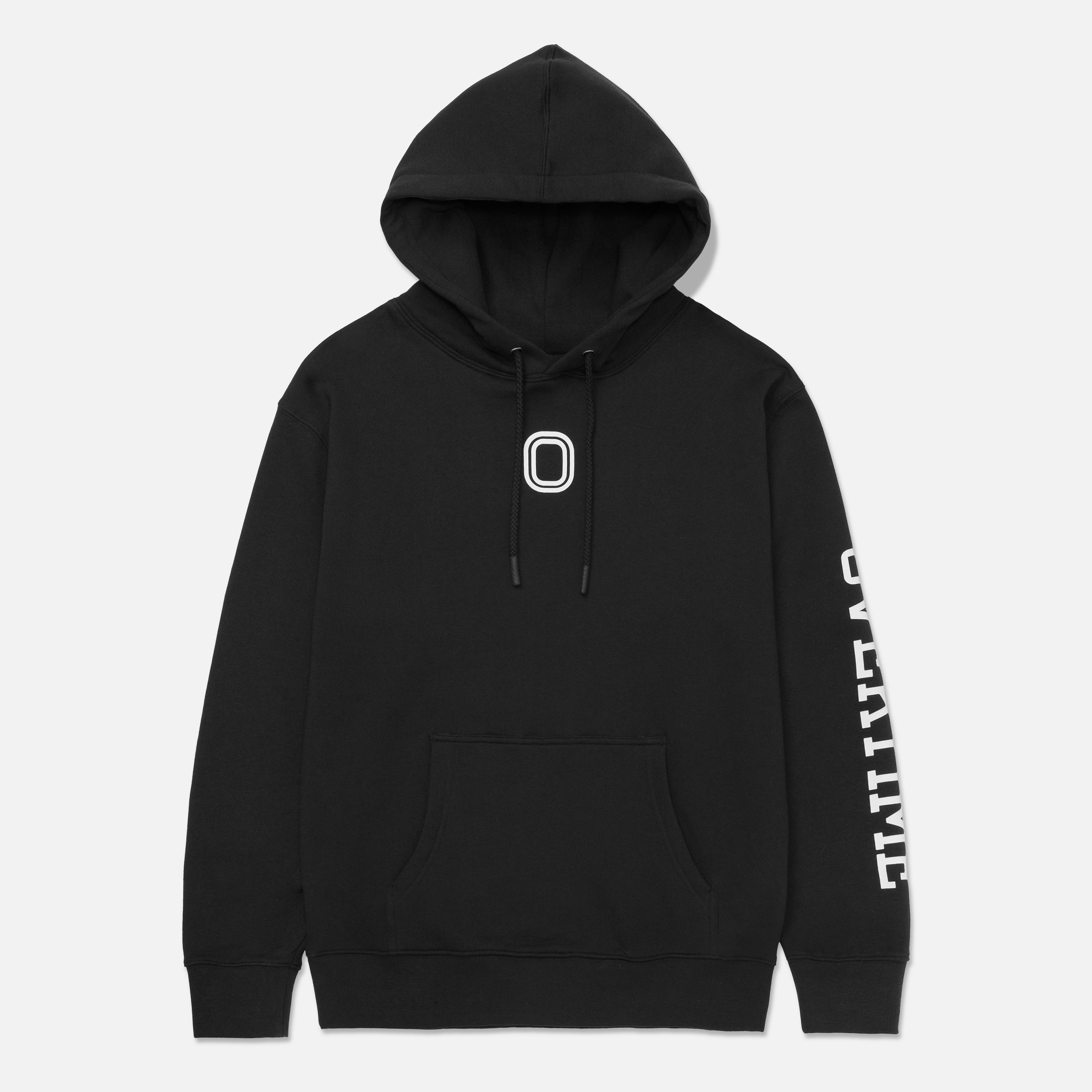 A black hoodie with a 'O' logo print on the chest and 'OVERTIME' print on the sleeve.