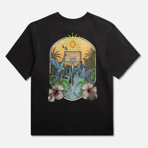 Black t-shirt with a colorful graphic floral basketball hoop design on back