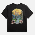 Black t-shirt with a colorful graphic floral basketball hoop design on back