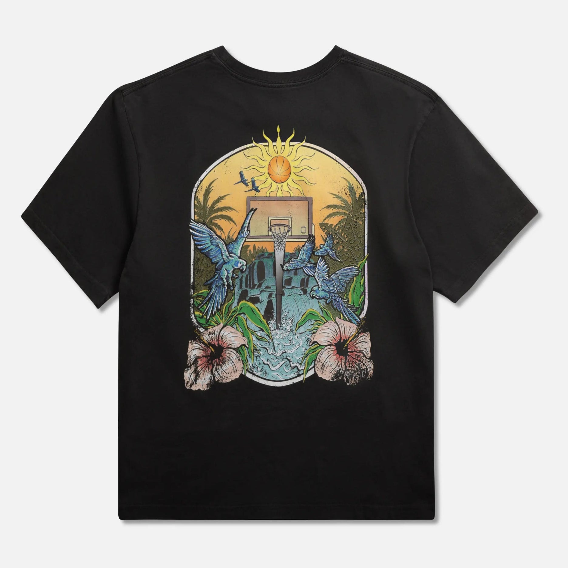 Black t-shirt with a colorful graphic floral basketball hoop design on back