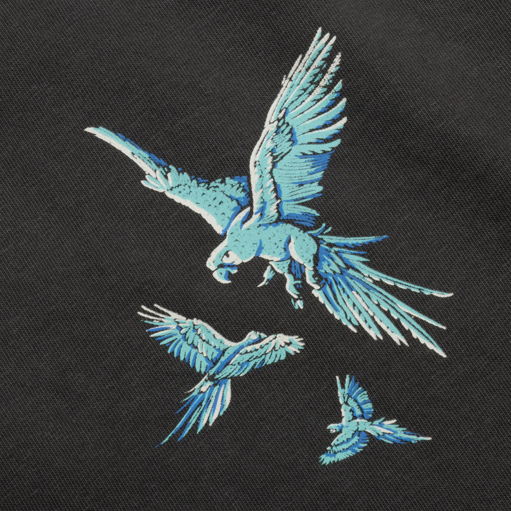 Close up of blue parrot graphic design on front of shirt