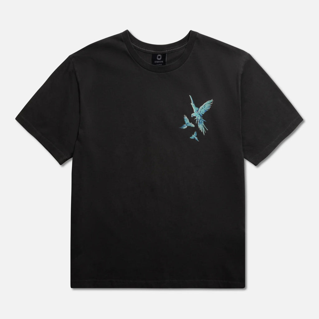 Black t-shirt with a blue Macaw bird graphic design 