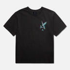 Black t-shirt with a blue Macaw bird graphic design 