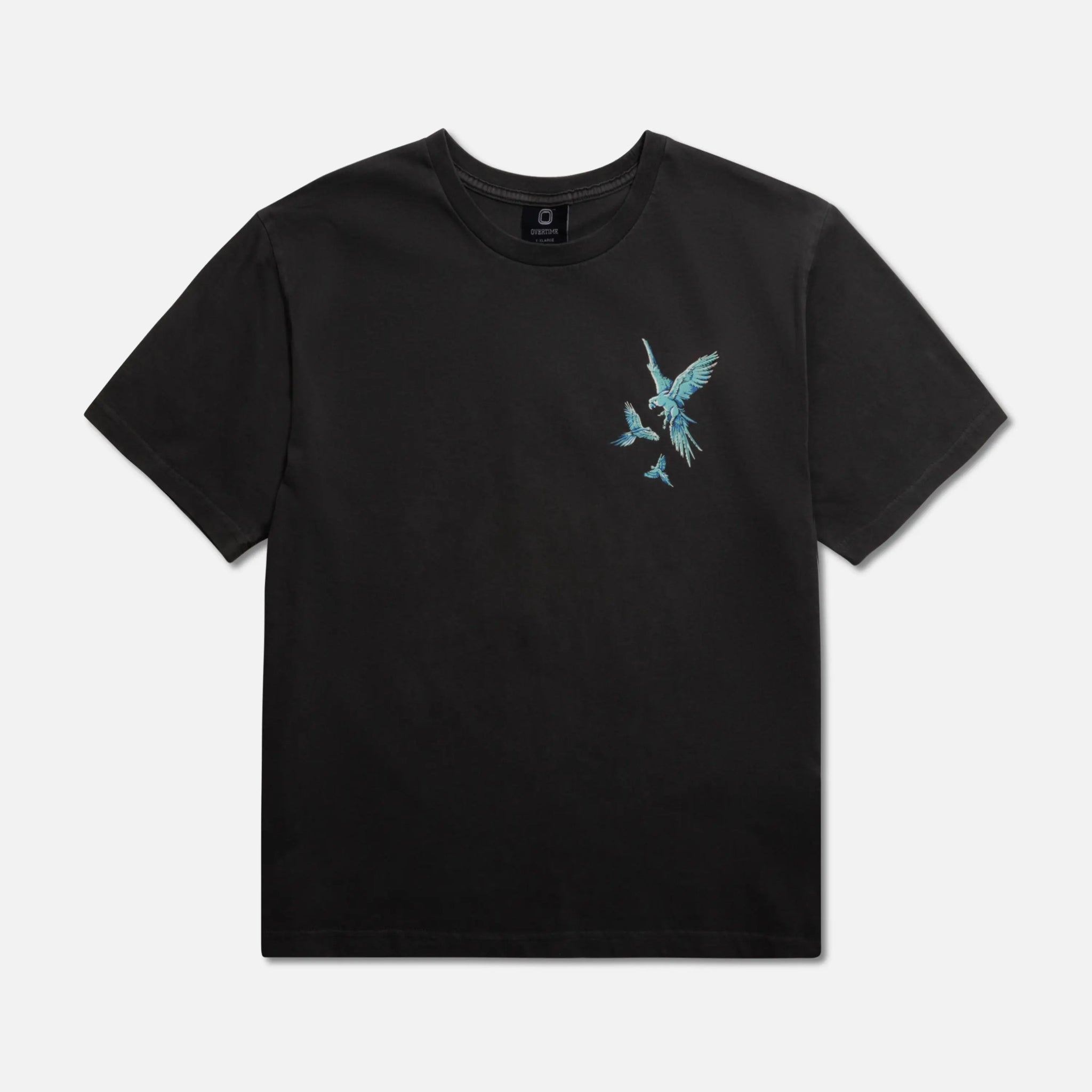 Black t-shirt with a blue bird graphic design 