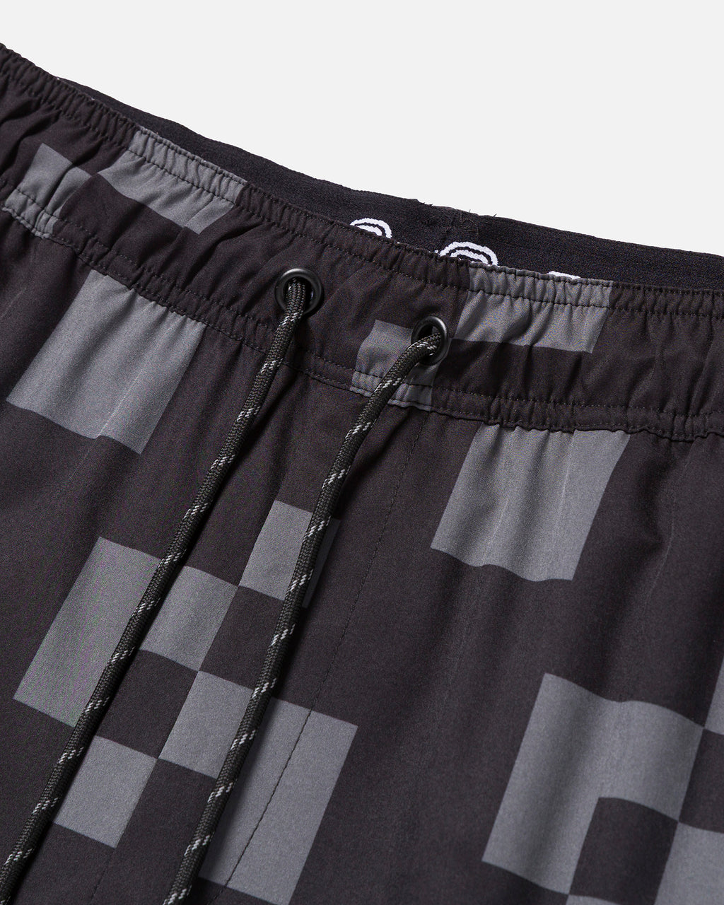 Black and gray checkered shorts with drawstring
