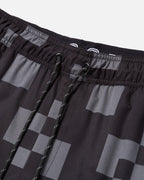 Black and gray checkered shorts with drawstring
