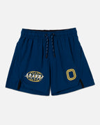 Blue shorts with logos on the front