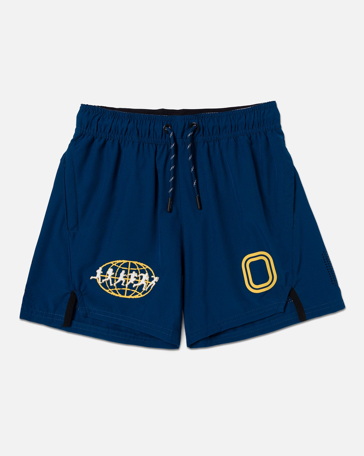 Blue shorts with logos on the front