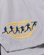 Close-up of world and runner logo