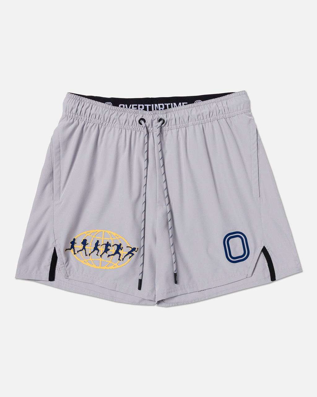 Grey athletic shorts with logos on front