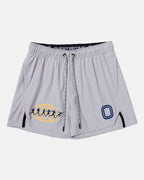Grey athletic shorts with logos on front