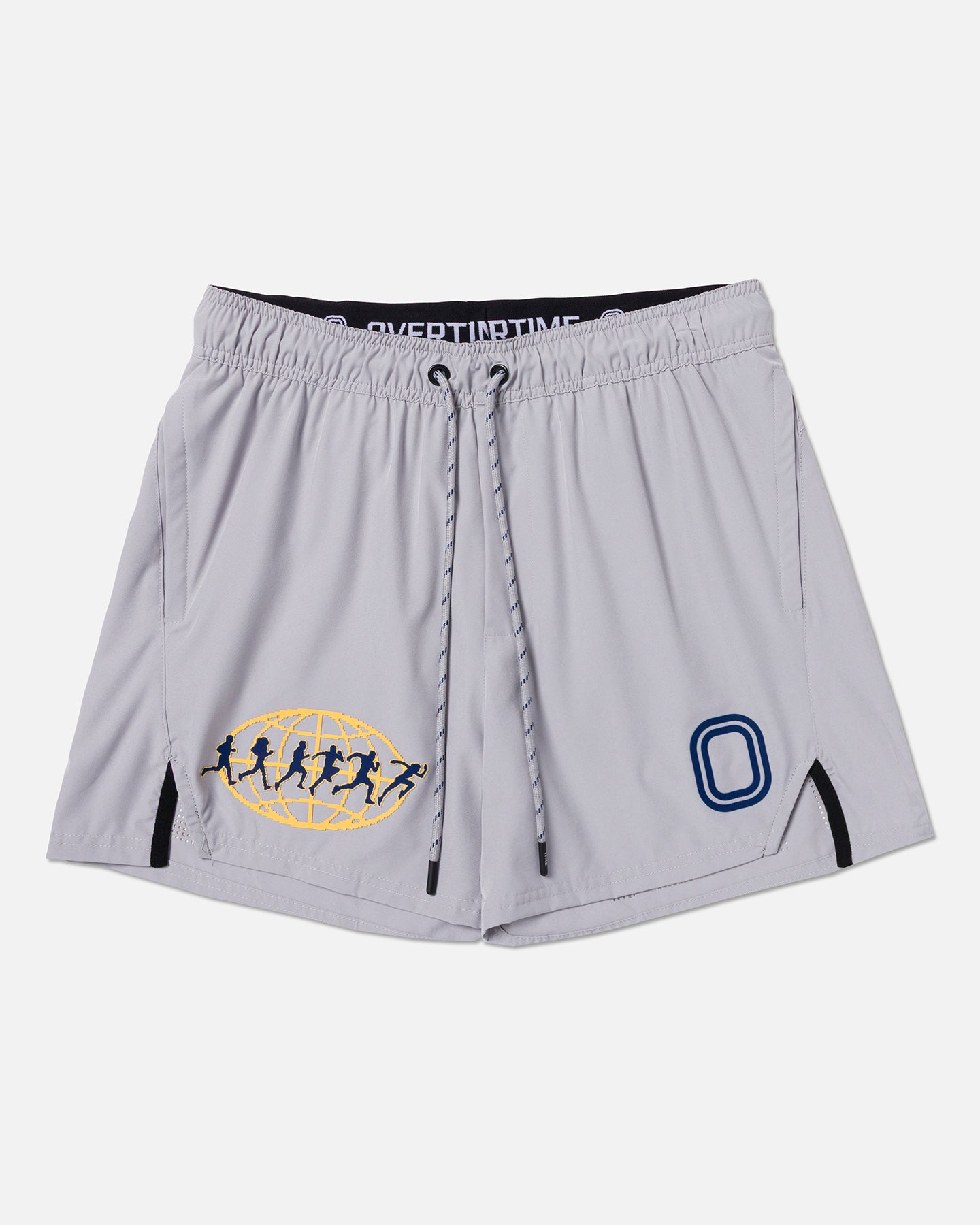 Grey athletic shorts with logos on front