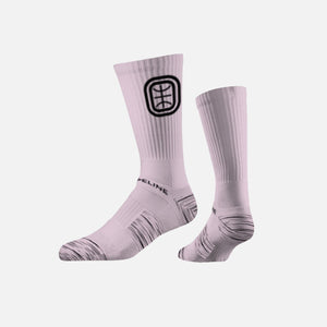 A pair of pink performance socks with a black "O" logo on the ankle area, designed for comfort and moisture wicking.