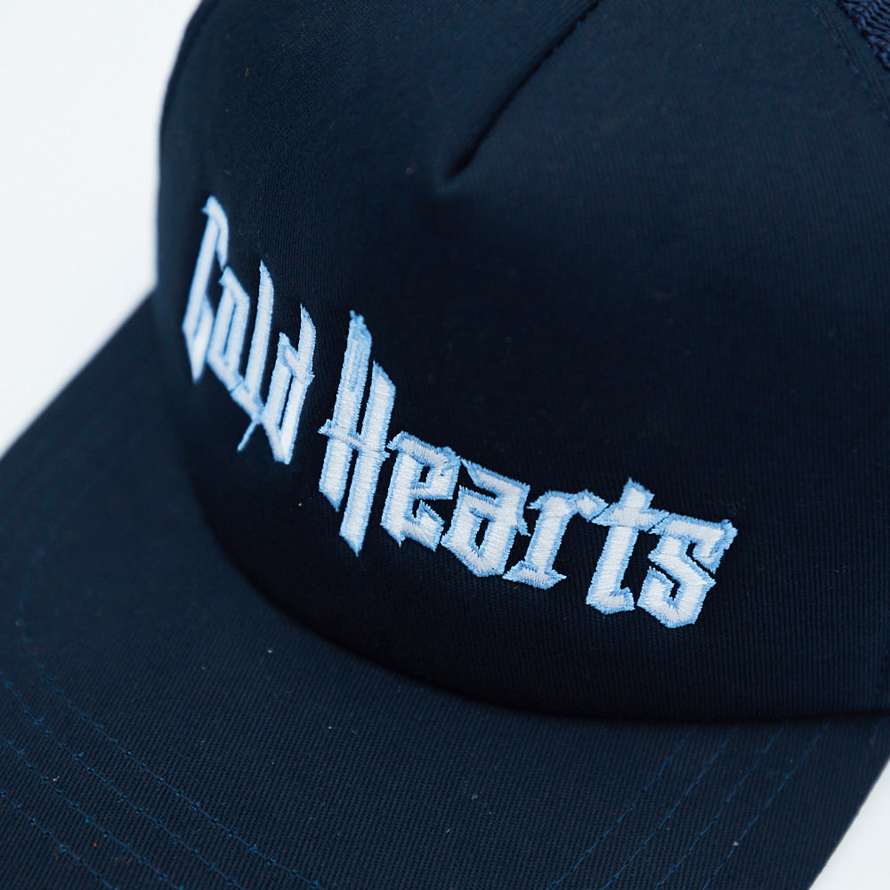 Top view of blue hat with Cold Hearts logo